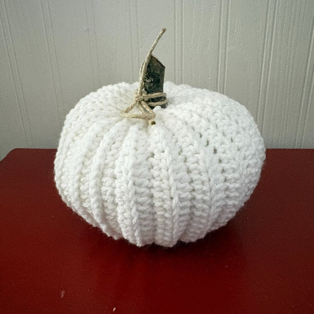 Crocheted white pumpkin, 6 inches in diameter